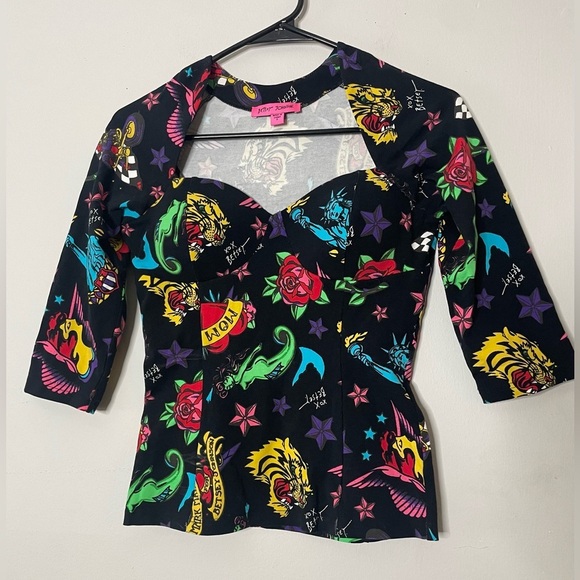 Betsey Johnson Tops - Betsey Johnson Corset Raglan Tattoo Print
Top from her 80th Birthday Collection
